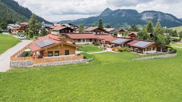 Een groepje houten vakantiehuisjes met zonnepanelen, omgeven door weelderige groene velden en bergen op de achtergrond.