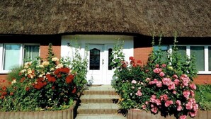 A thatched-roof house with a white door and steps leading to the entrance.