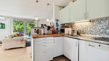 Fridge, stovetop, dishwasher, coffee/tea maker