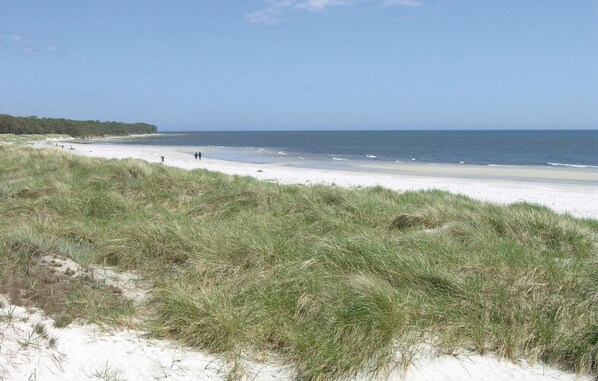 A beach with sand dunes and a clear view of the ocean.