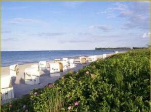 A beachside hotel with rows of white rooms along the shore, a grassy foreground, and a clear view of the sea.