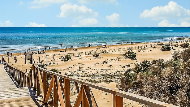 A beach with a wooden boardwalk, sandy beach, and ocean. - Stunning apartment in Torrevieja (Torrevieja)