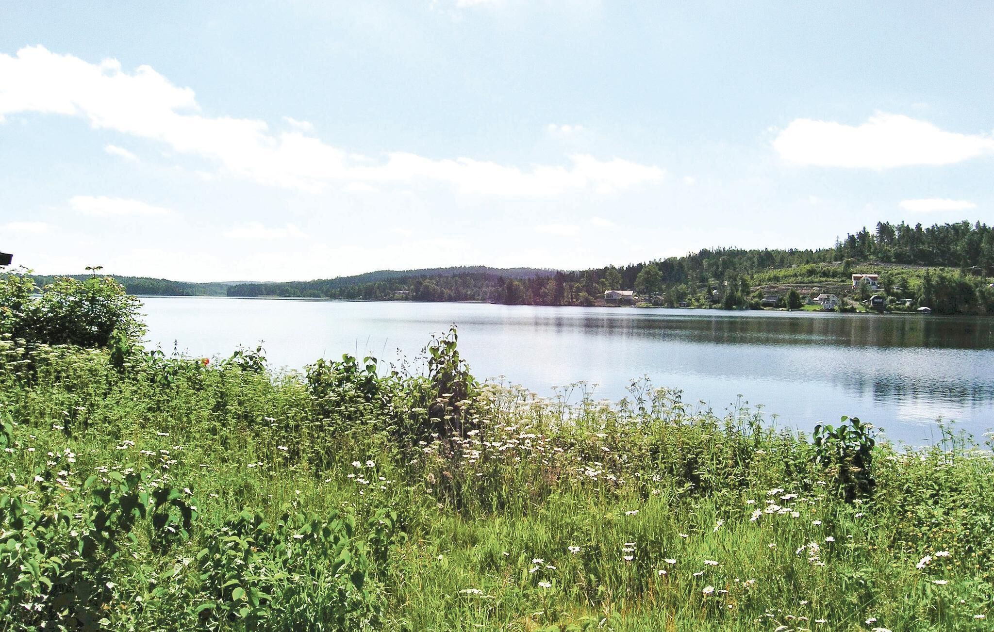 A lake with a forested shoreline and a few buildings in the distance.