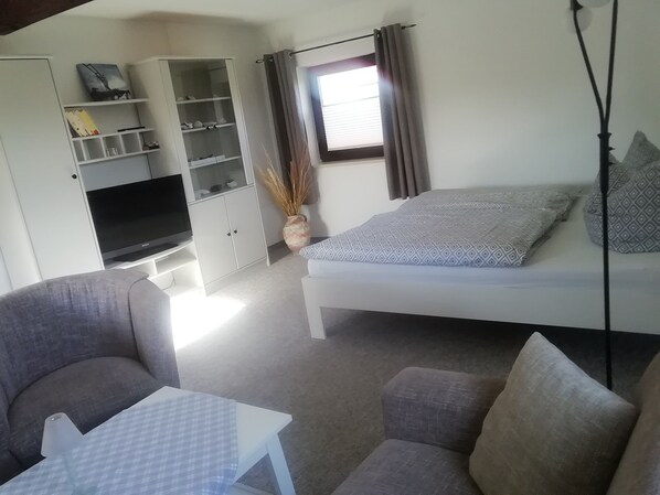 A compact room with a bed, a sofa, a TV, and a small table.