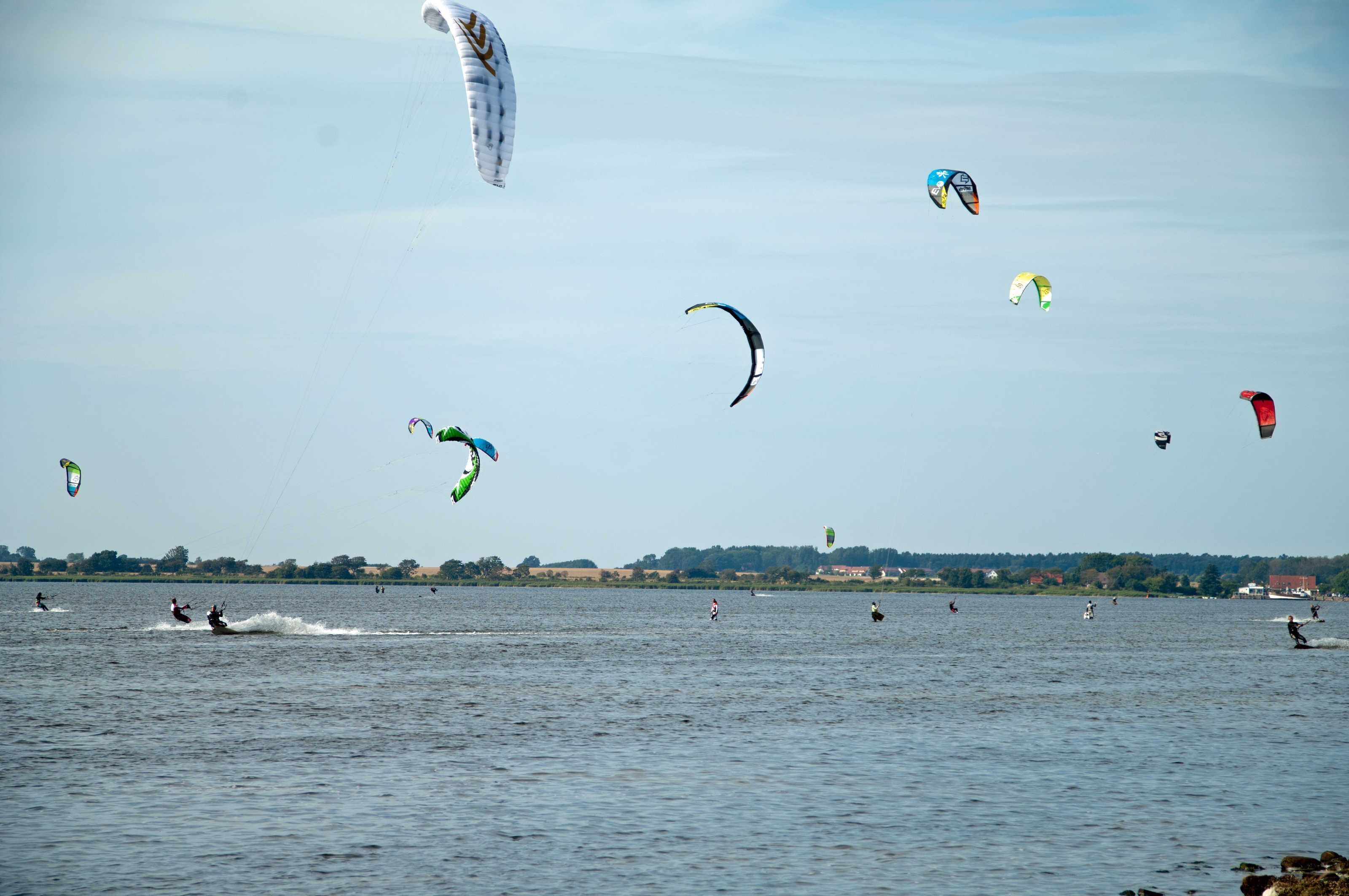 A body of water with multiple kites and people engaged in water activities.