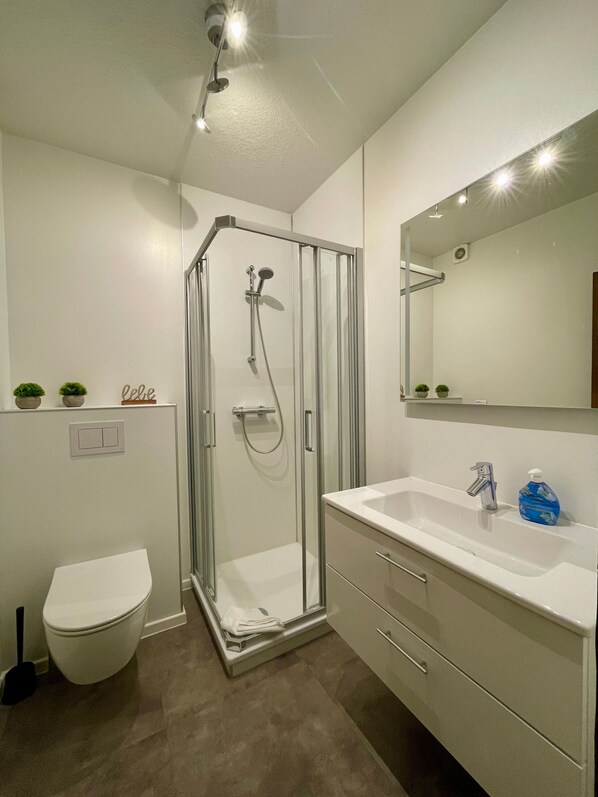 A modern bathroom with a glass-enclosed shower, a white toilet, a sink with a mirror, and a small shelf with decorative items. - 005 - Hooge (BC.n3) - BUE - Apartment house Seewind (Büsum)