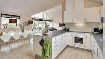 Fridge, stovetop, dishwasher, coffee/tea maker