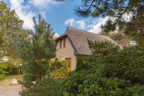 A house with a thatched roof, surrounded by dense greenery and trees.