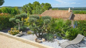 Ein Garten mit verschiedenen Pflanzen und ein Gebäude mit Ziegeldach im Hintergrund.