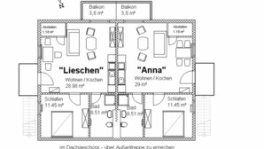 A floor plan of a hotel with two bedrooms labeled "Lieschen" and "Anna," each with a balcony, a bathroom, and a living/dining area. - Apartment Anna - House Uhleck (Lohme)