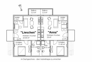 Plano de planta de un hotel que muestra dos dormitorios, 'Lieschen' y 'Anna', cada uno con balcón, baño y zona de estar-comedor.