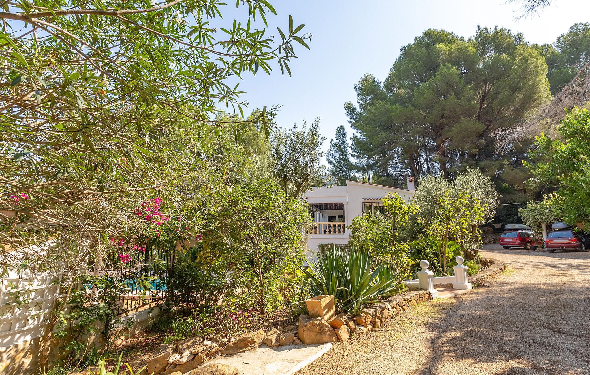 Une villa avec un chemin en pierre, entourée d’une végétation luxuriante et d’arbres.