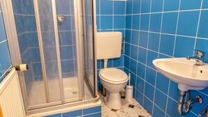 Une salle de bain avec des carreaux bleus, des toilettes blanches, un lavabo et un espace douche.