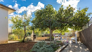A garden with a barbecue area, a small table, and a bench.