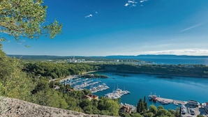 A marina with boats docked, surrounded by greenery and a clear sky.