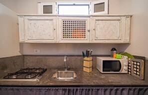 Fridge, microwave, stovetop, cookware/dishes/utensils