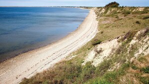 A coastal landscape with a sandy beach, grassy dunes, and a clear view of the sea. - Pet friendly home in Vestervig with sauna (Vestervig)