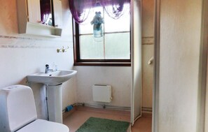 Une petite salle de bain avec un lavabo blanc, des toilettes, un miroir et une fenêtre avec un rideau.