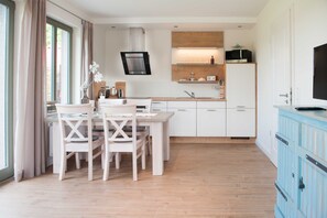 Fridge, microwave, oven, high chair