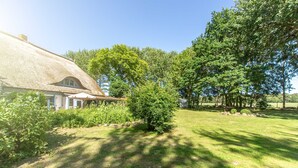 A thatched-roof house with a small garden and trees in the background. - Apartment OG - Apartments in thatched house (Ummanz)
