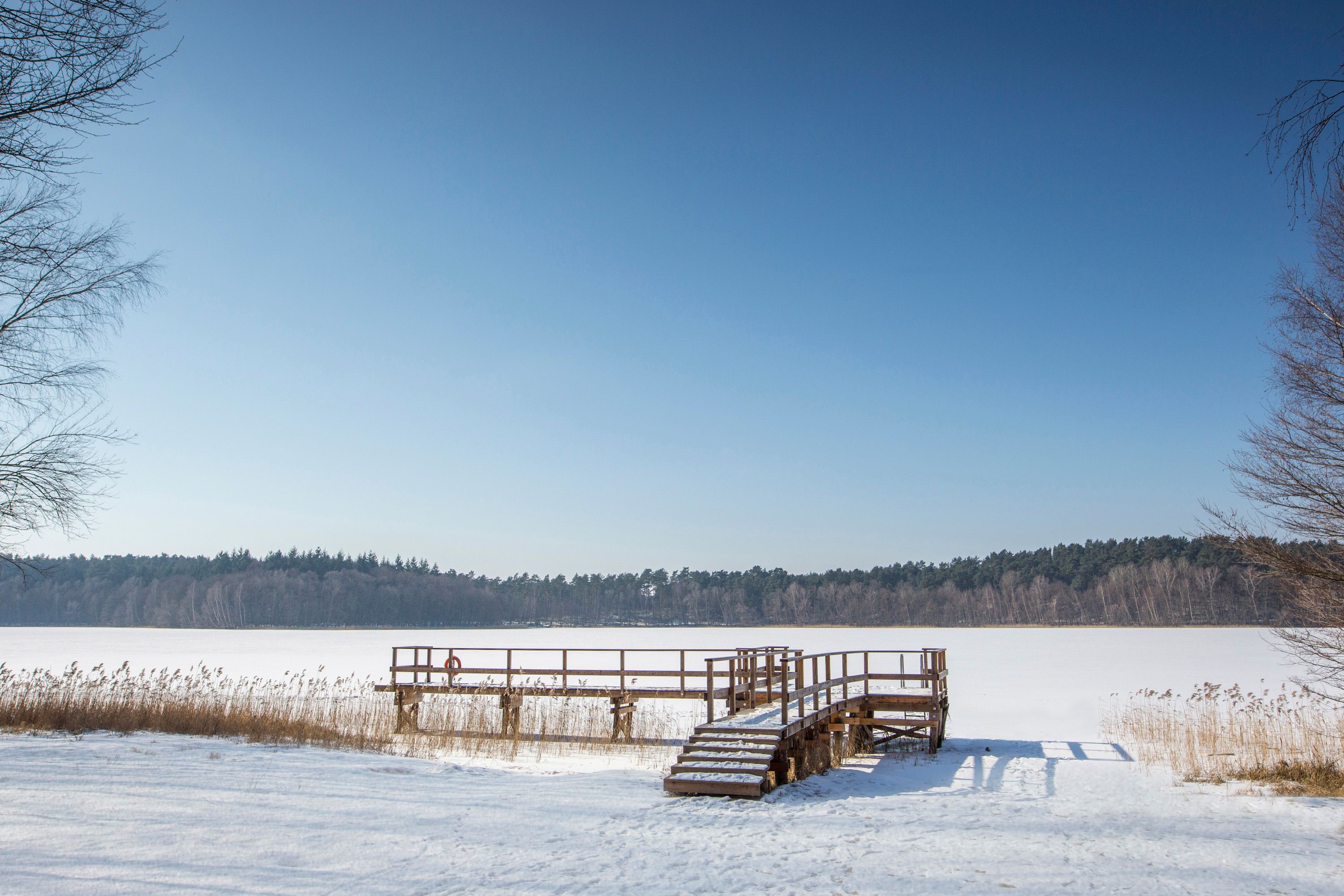 A wooden pier extending into a frozen lake with a clear sky above.
