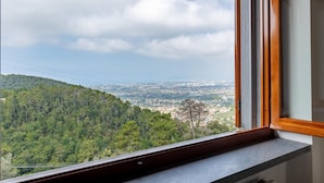 Blick aus einem Fenster auf einen dicht bewaldeten Hang mit einer ferngesiedelten Stadtlandschaft.