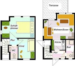 Deux plans d’étage d’un hôtel, avec indication des différentes pièces, notamment un salon, une chambre, une salle de bain, une cuisine et une terrasse.