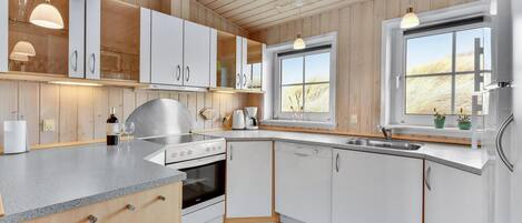 Fridge, stovetop, dishwasher, coffee/tea maker