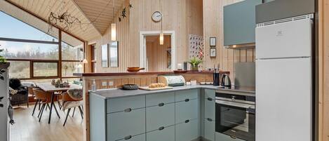 Fridge, stovetop, dishwasher, coffee/tea maker