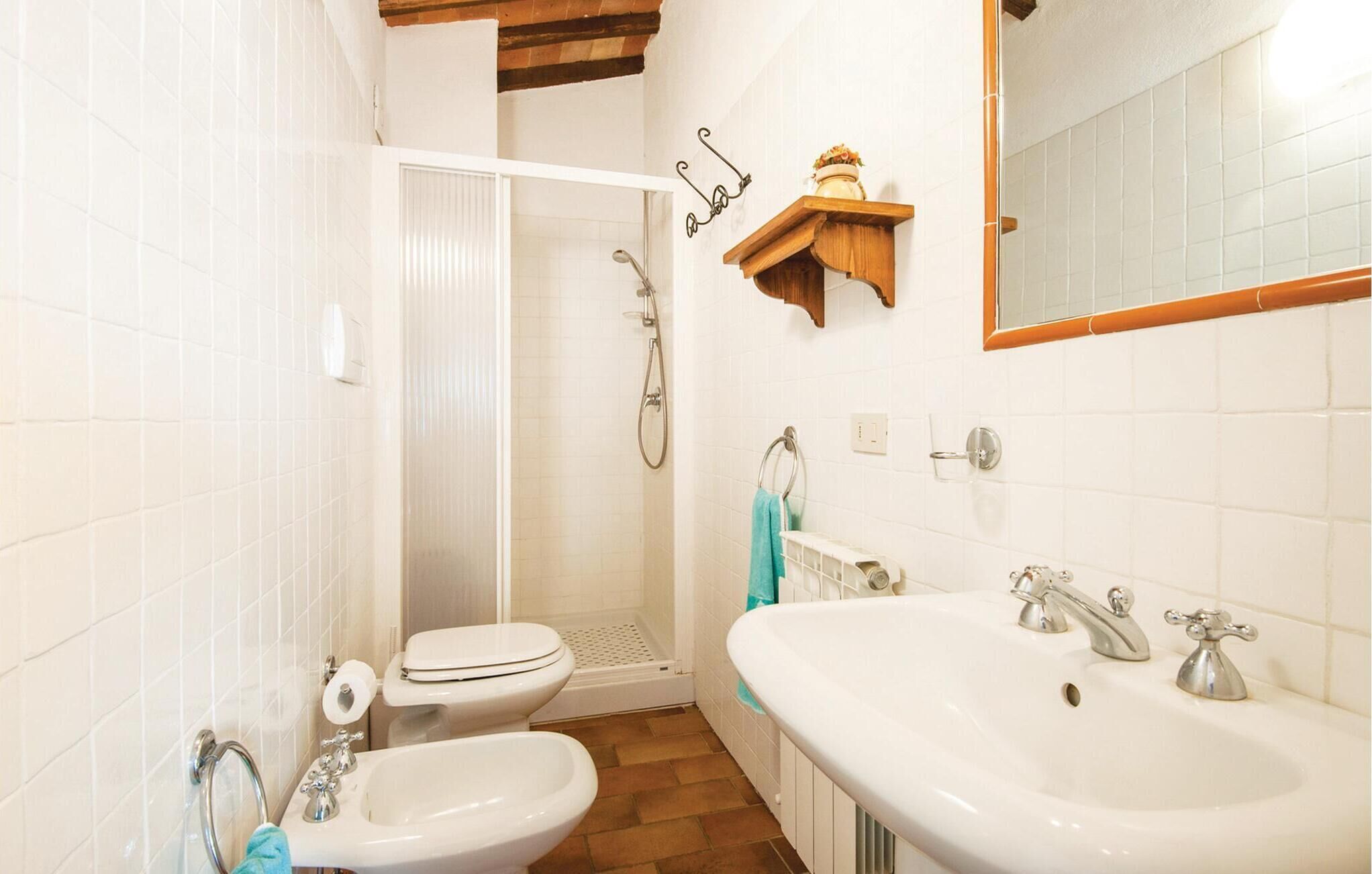 Une salle de bain comprenant des toilettes, un bidet et un lavabo, une étagère en bois avec un miroir et une douche.