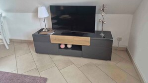 A modern living room with a flat-screen TV, a lamp, and a vase with flowers. - Holiday apartment on Blankensee (Trebbin)