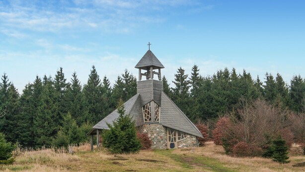 Una pequeña iglesia de piedra con un campanario y una cruz en la parte superior, rodeada de un bosque denso.