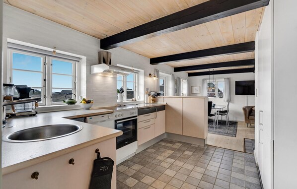 Fridge, stovetop, dishwasher, coffee/tea maker