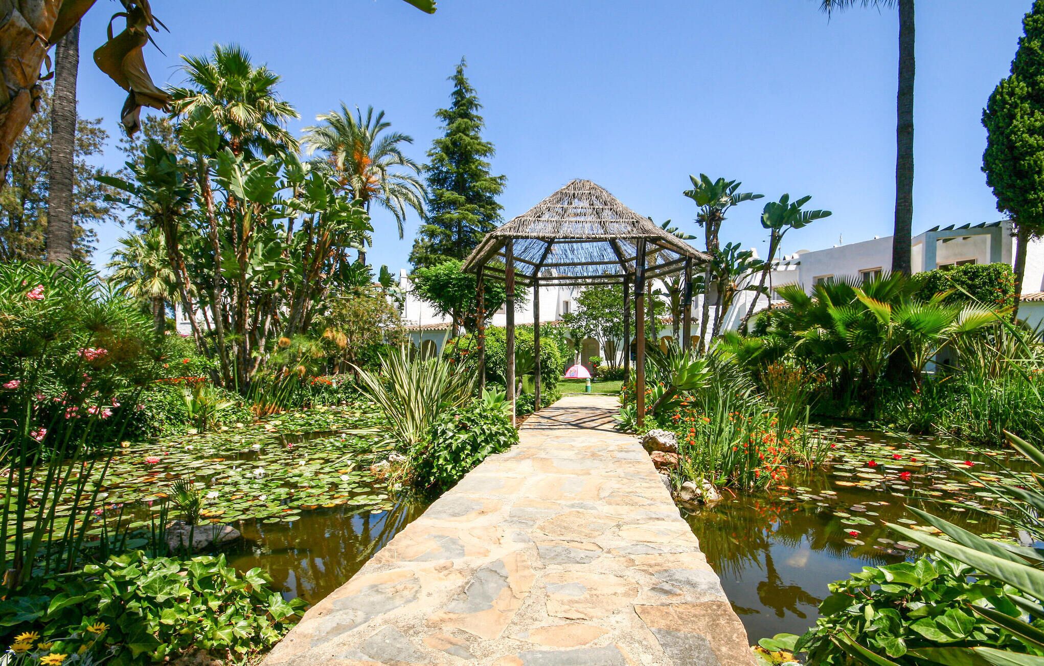 Un vialetto in pietra conduce a un gazebo con tetto di paglia, immerso in una vegetazione tropicale rigogliosa e affiancato da uno stagno con ninfee.