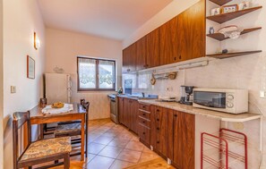 Fridge, stovetop, dishwasher, coffee/tea maker