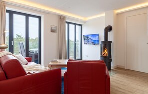 A modern living room with a sofa, a red chair, a television, and a wood-burning stove.
