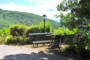 A park bench with a lamp post, surrounded by greenery and a view of a hill. - Holiday home with panoramic views and pool (Vicchio)