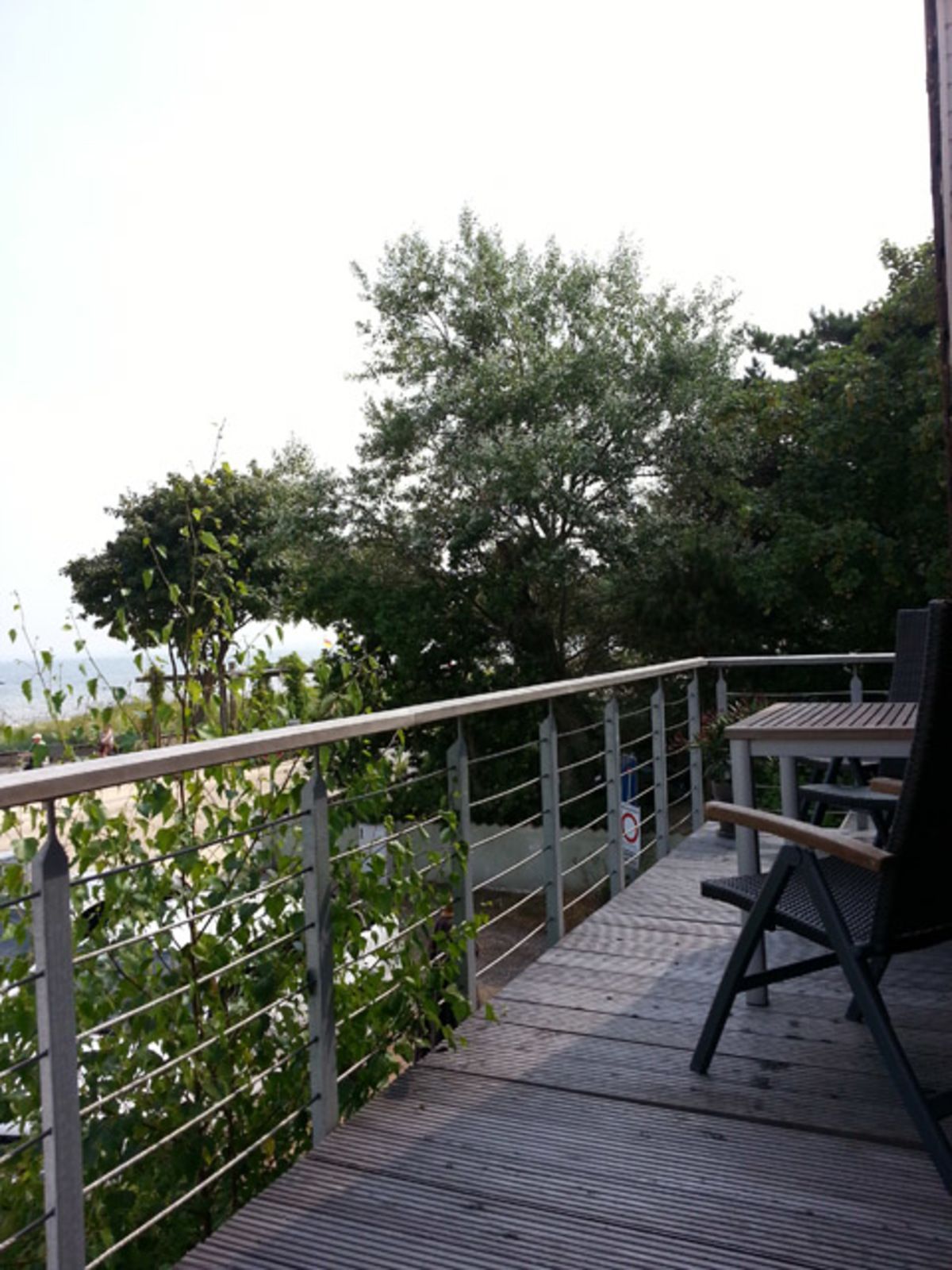 A wooden deck with metal railings, overlooking a body of water and trees.