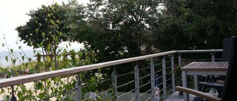 A wooden deck with metal railings, overlooking a body of water and trees.