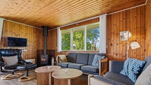 A cozy cabin interior with a wooden ceiling, a fireplace, a TV, and a sofa with patterned cushions. - 3 bedroom gorgeous home in Hejls (Hejls)
