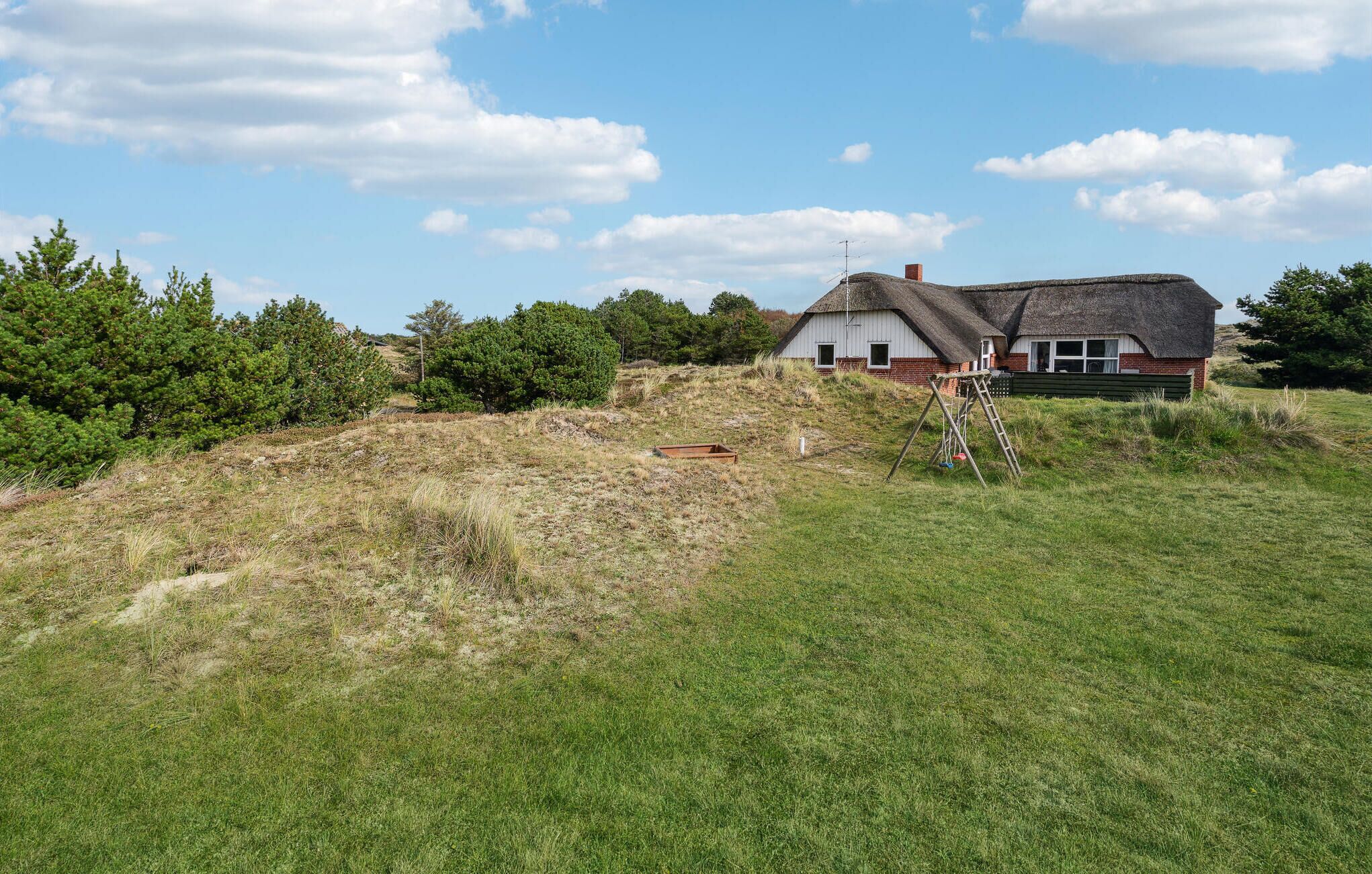 A rural house with a thatched roof, surrounded by a grassy field and dense trees.