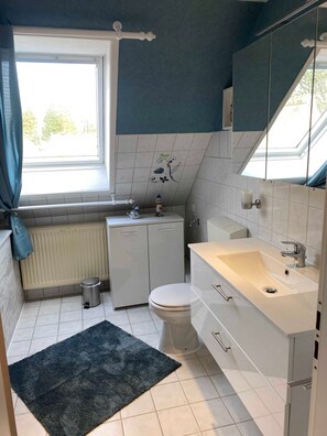 Ducha, secador de pelo, toallas, jabón