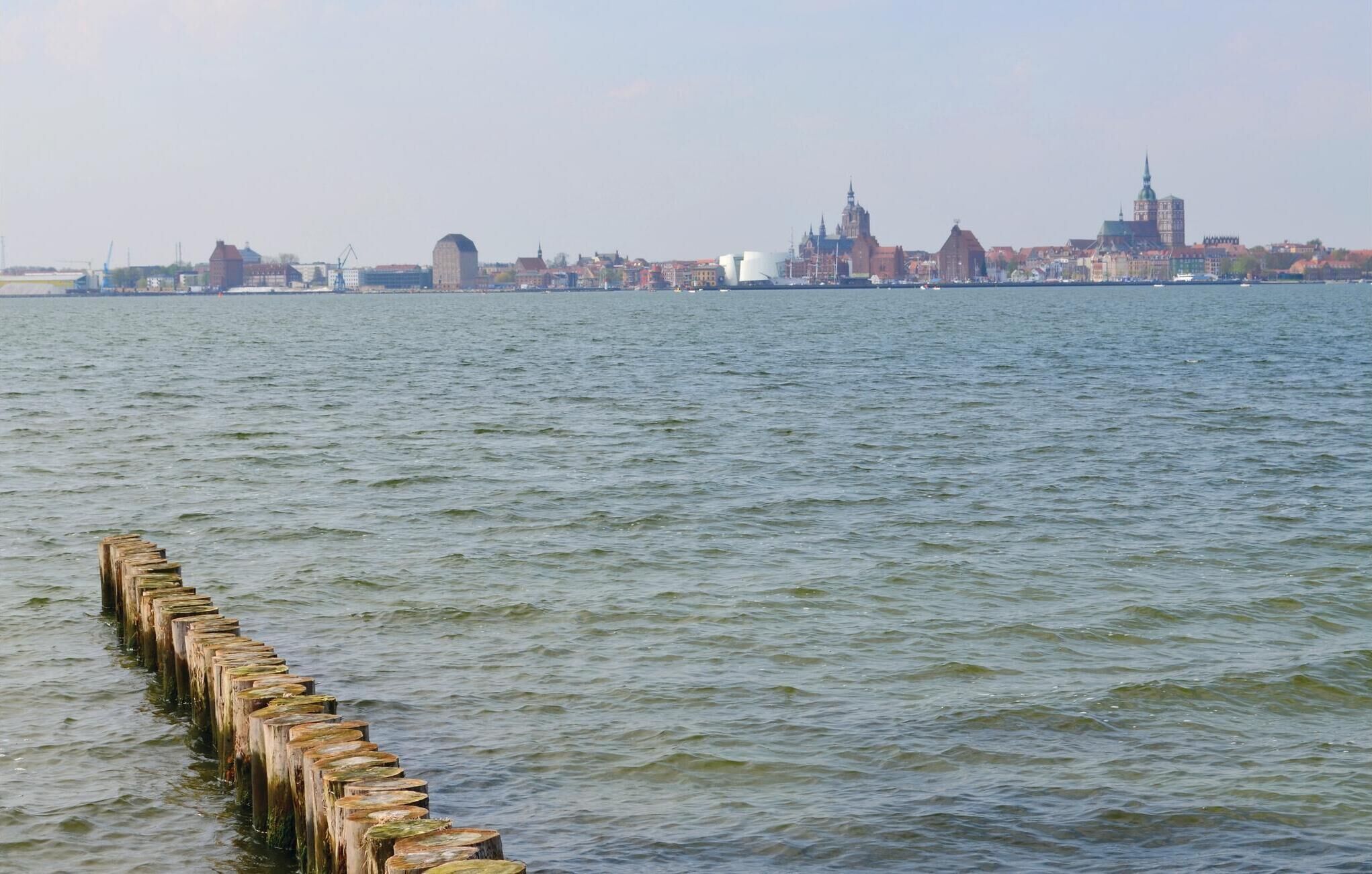 A waterfront view with a wooden jetty extending into calm water, a distant city skyline with various buildings, and a clear sky.