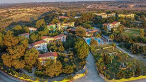 Vista aérea de una zona residencial con casas, piscina y zonas verdes.