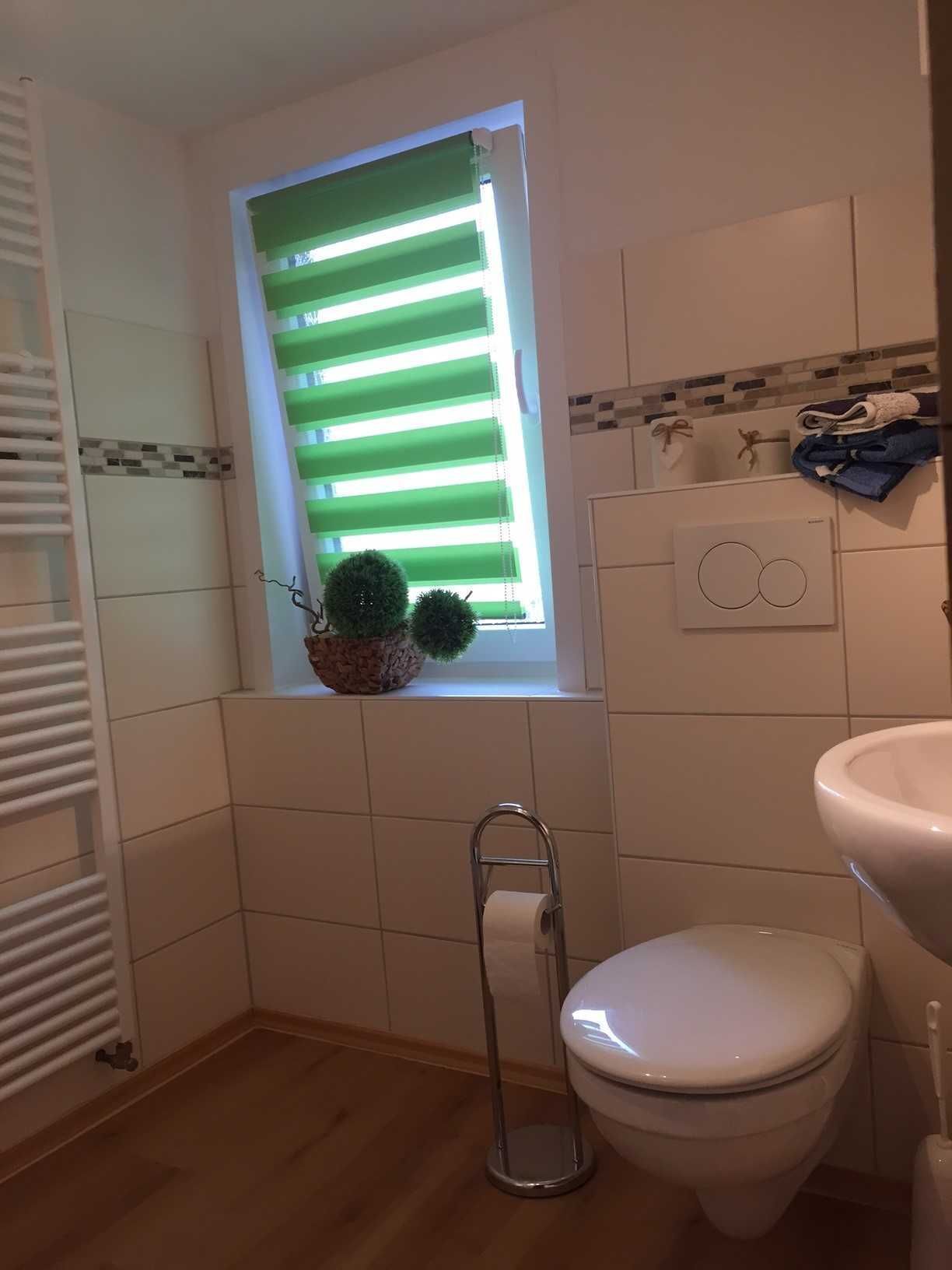 Un bany petit amb finestra, vàter, radiador i penjador de tovalloles.