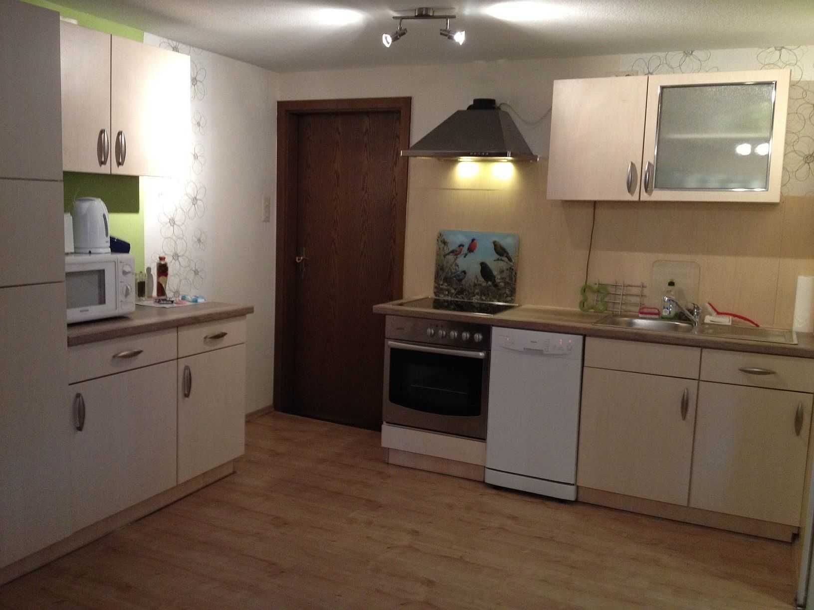Eine kleine Küche mit Mikrowelle, Backofen und Geschirrspüler. Eine Holztür und ein Schrank mit Glasfenster sind vorhanden.