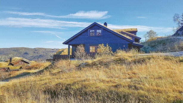Une maison en bois bleue, avec un toit à pignon, située sur une colline où l’herbe est sèche et la végétation clairsemée.