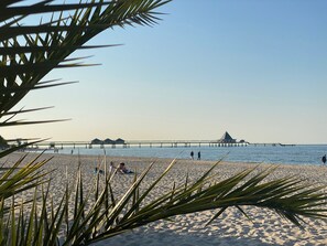 Ein Strand mit einem Steg, der sich ins Wasser erstreckt, Palmen im Vordergrund und Menschen im Sand.