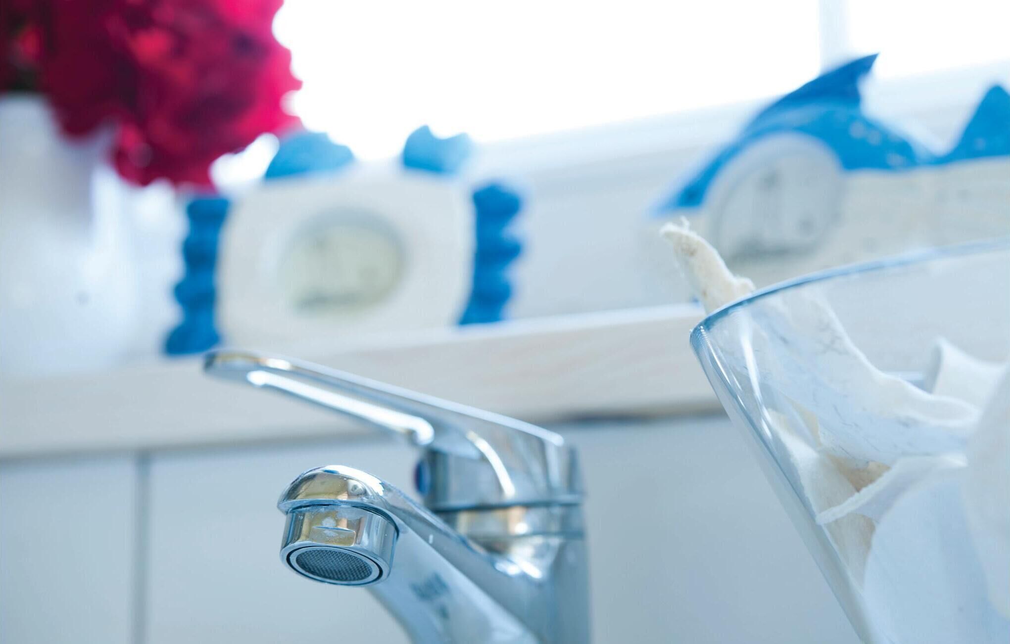 Un lavabo de salle de bain avec un robinet chromé, un récipient en verre et une fleur rouge en arrière-plan.