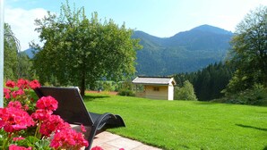 Un giardino con una sedia, fiori e vista sulle montagne, con un piccolo edificio in legno.